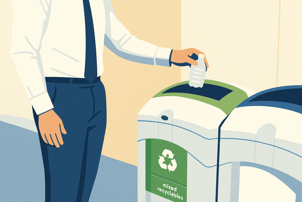 Man recycling away plastic in the office.