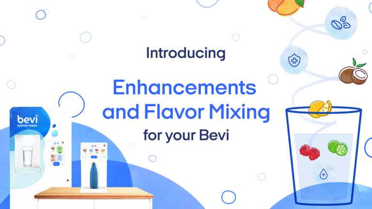 Banner photo with both the Standup 1.5 and Countertop Bevi machines with the caption "Introducing Enhancements and Flavor Mixing for your Bevi"