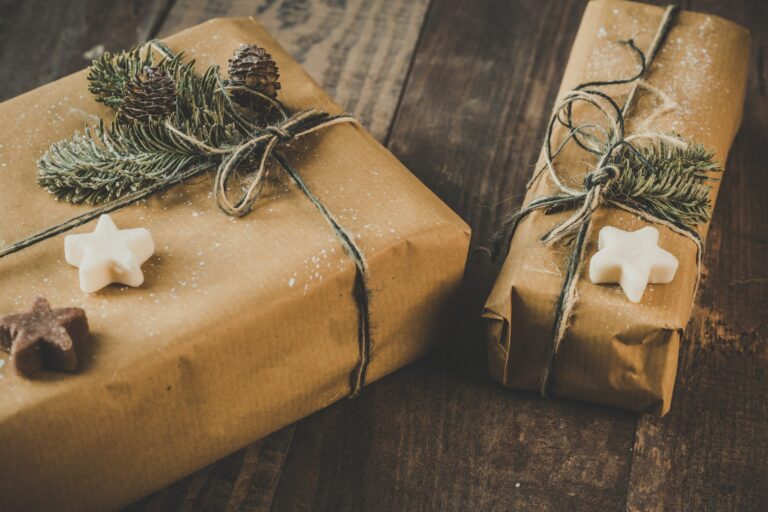 2 Christmas presents wrapped in eco-friendly brown paper