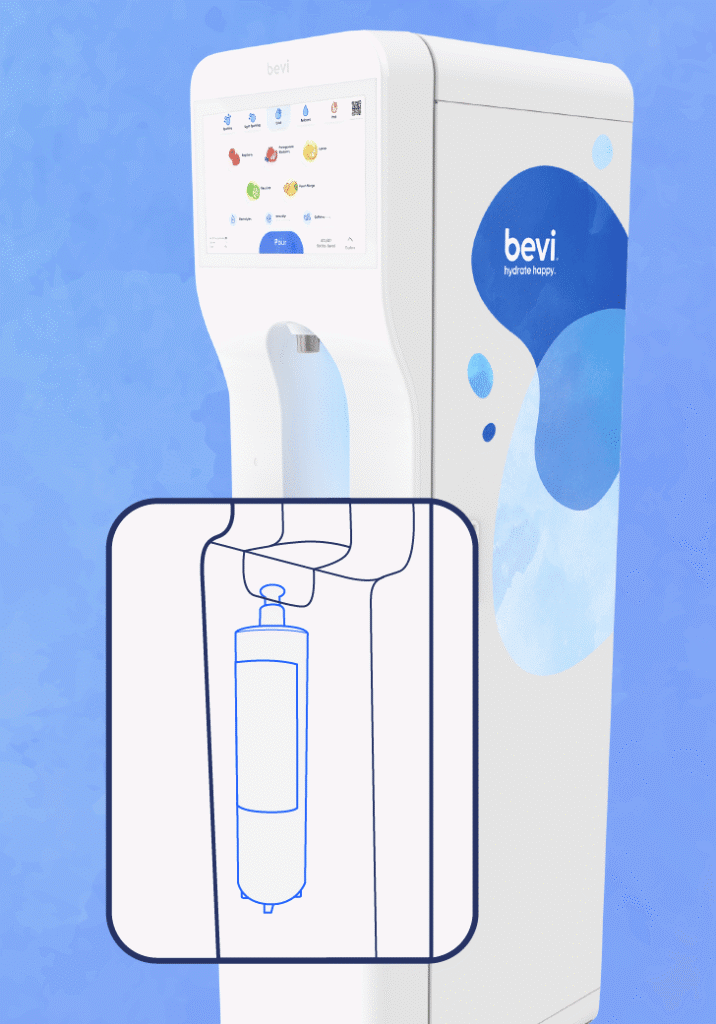 Bevi machine with carbon filter to remove microplastics from water.