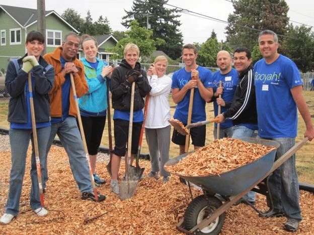 Volunteers doing yard work