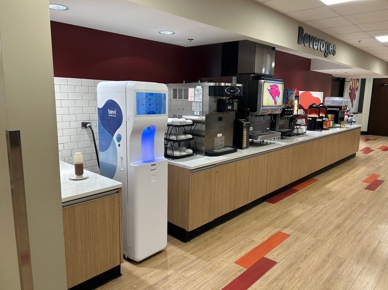 Bevi water machine in a college campus dining room.