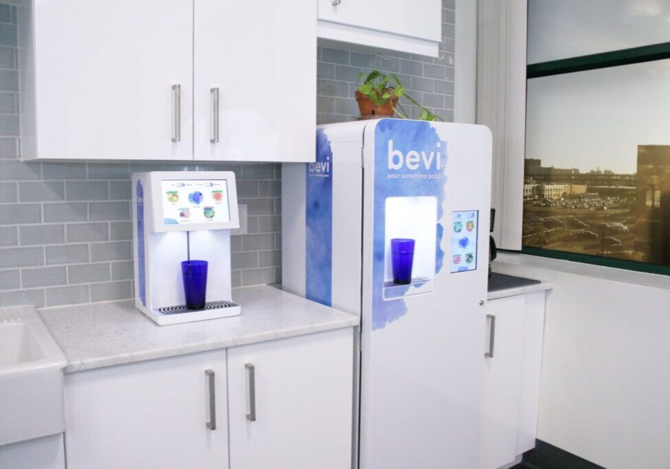 Countertop and Standup Bevi machines next to each other in an office kitchen