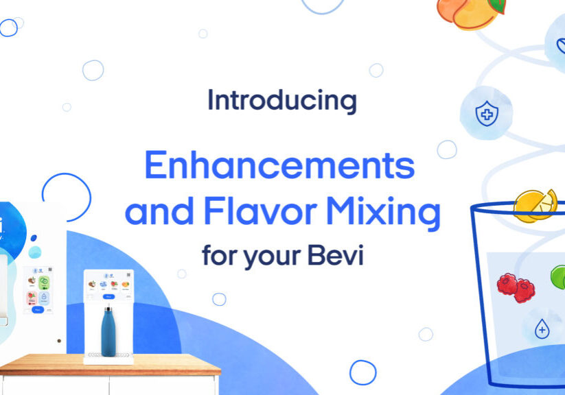 Banner photo with both the Standup 1.5 and Countertop Bevi machines with the caption "Introducing Enhancements and Flavor Mixing for your Bevi"