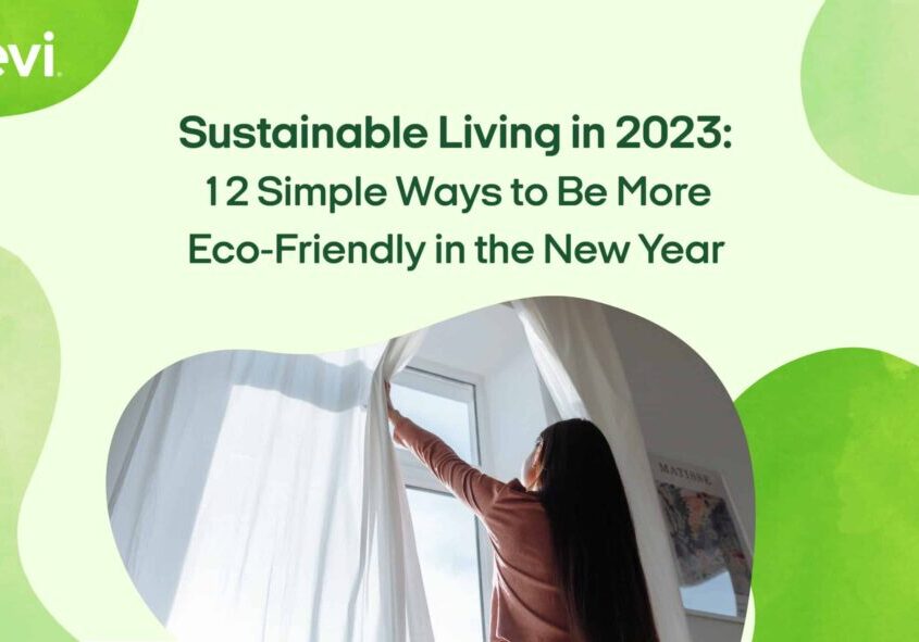 Girl pulling back white curtains with the caption "sustainable living in 2023: 12 Simple Ways to Be More Eco-Friendly in the New Year