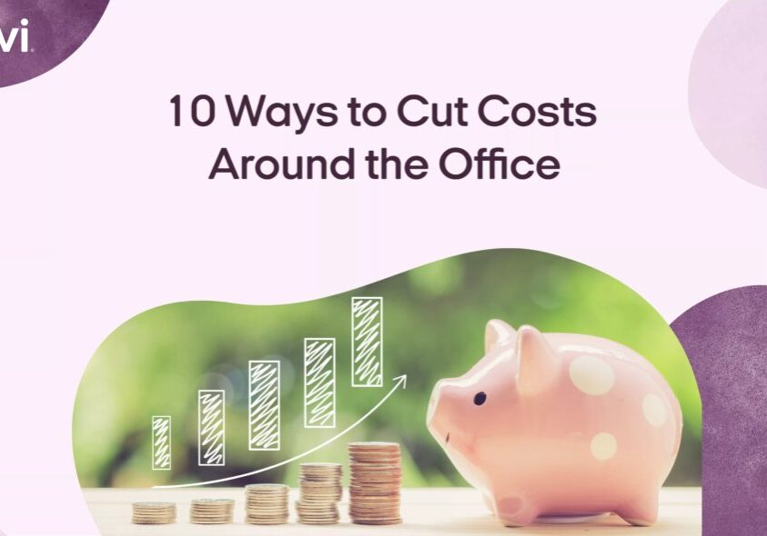 Photo of a piggy bank next to stacks of quarters with the caption "10 ways to cut costs around the office"