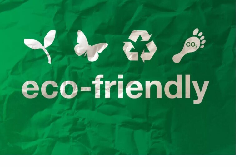 Recycling icons and the wrods, eco-friendly on a green background