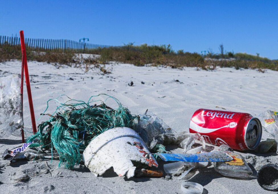 Soda can, styrofaom cup and nylon netting trash on a beach