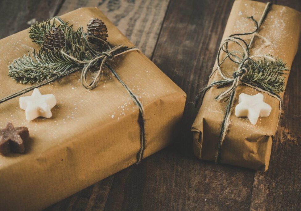 2 Christmas presents wrapped in eco-friendly brown paper